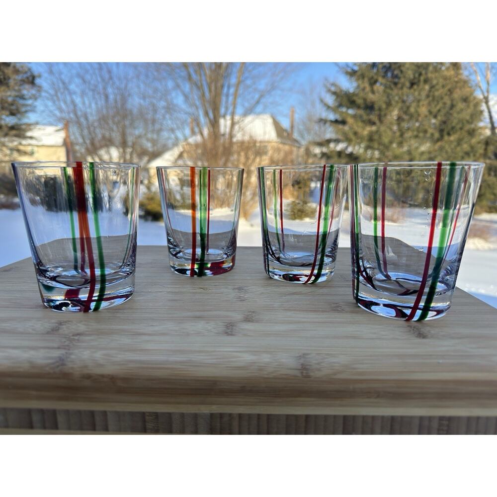 Block Yuletide Double Old Fashioned 4.25”Red Green Striped Glasses~set Of 4